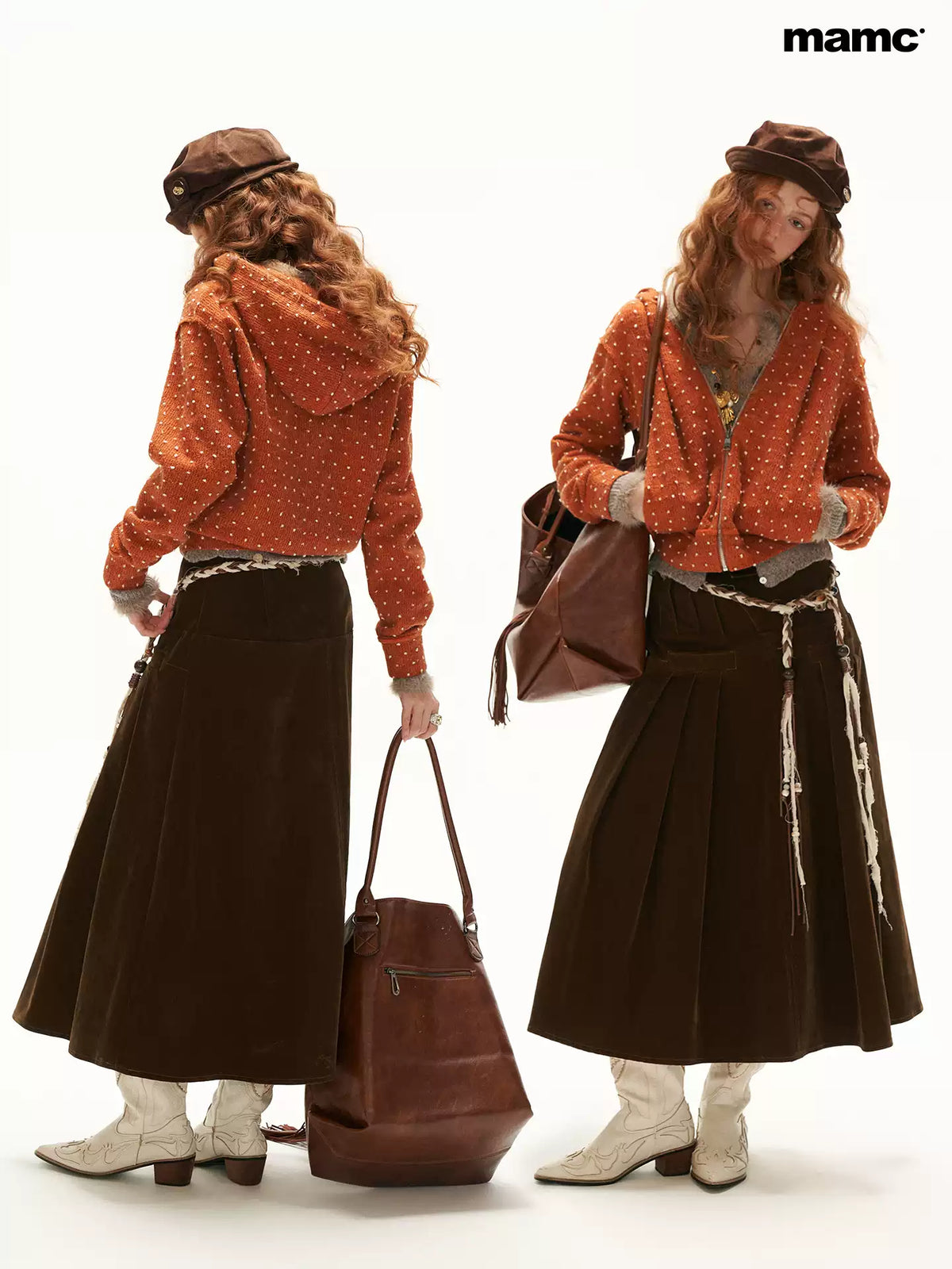 MAMC - Orange Polka Dot Textured Zip-Up Hooded Knit Cardigan
