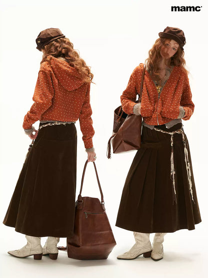 MAMC - Orange Polka Dot Textured Zip-Up Hooded Knit Cardigan
