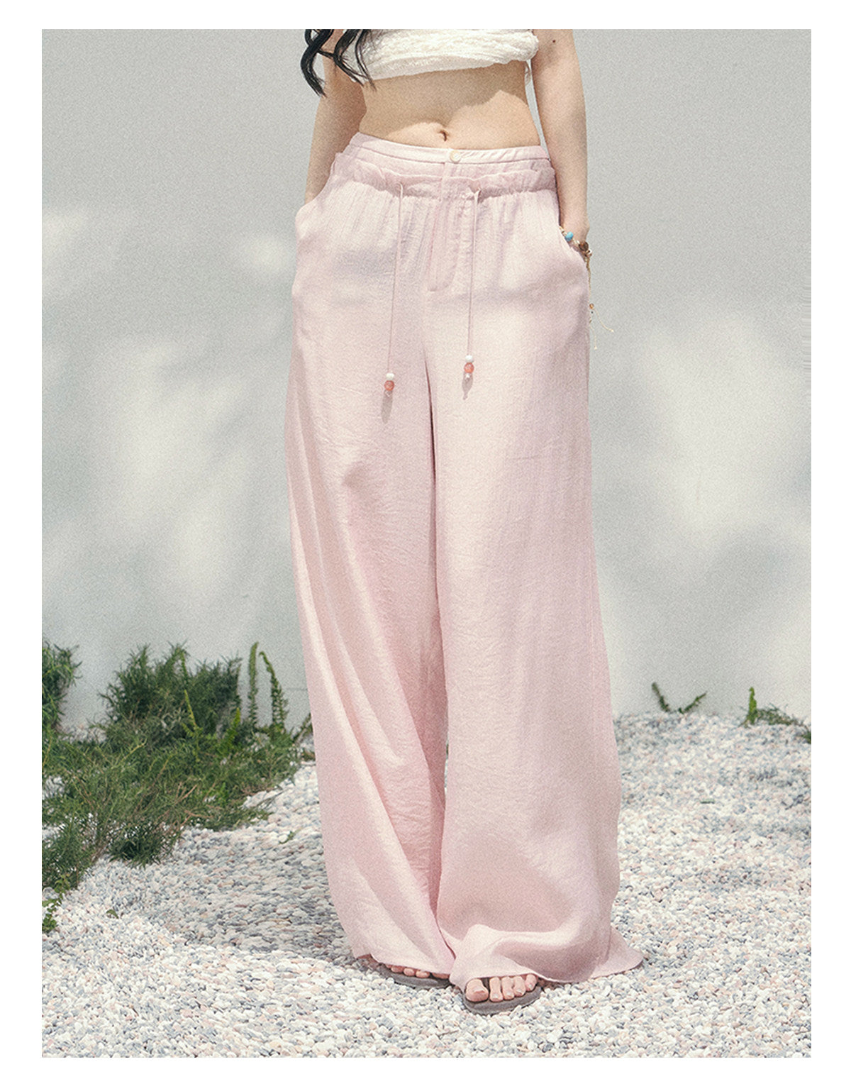 少也眼 "Misty Walk Pants" Soft Mist Pink Wide-Leg Chiffon Pants 546566
