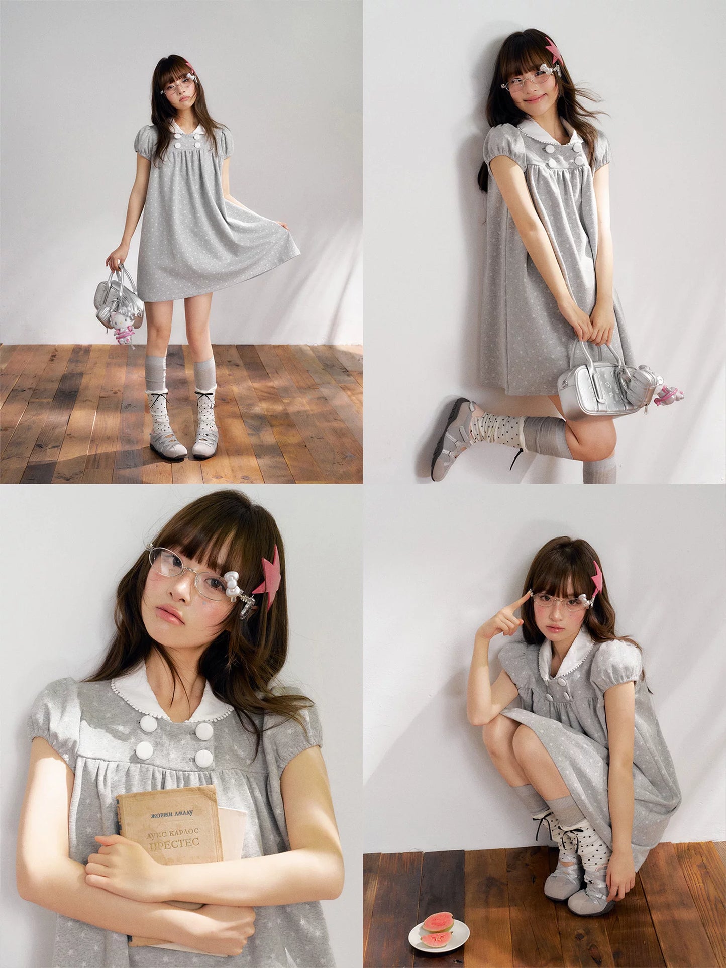 “Grey Sugar Cloud” Grey Polka Dot Doll Collar Dress