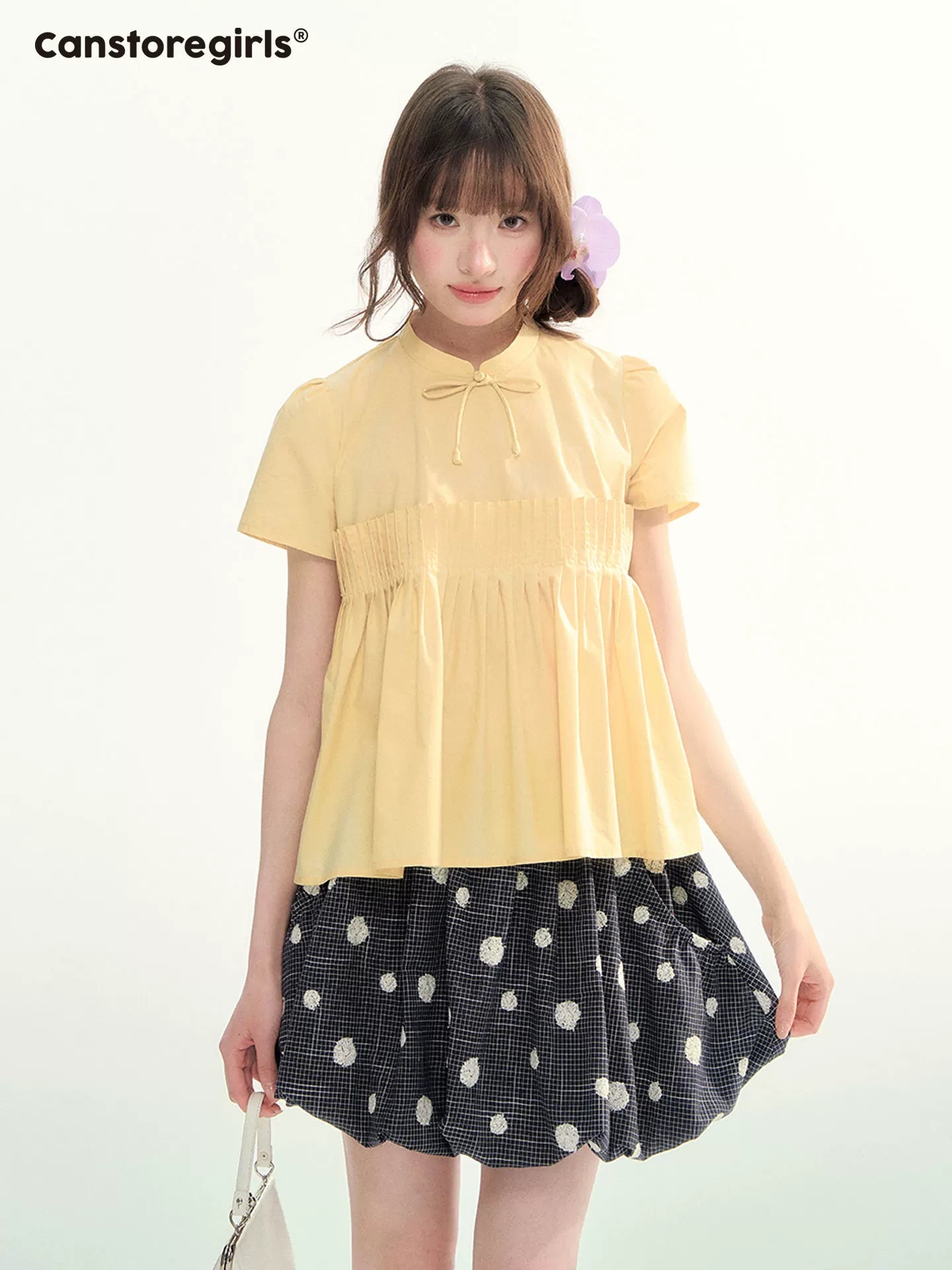 Navy Plaid Flocked Polka Dot Bubble Skirt WW2026070