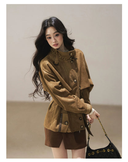 AOMALM - Chestnut Brown Faux-Suede Cropped Utility Coat with Belt