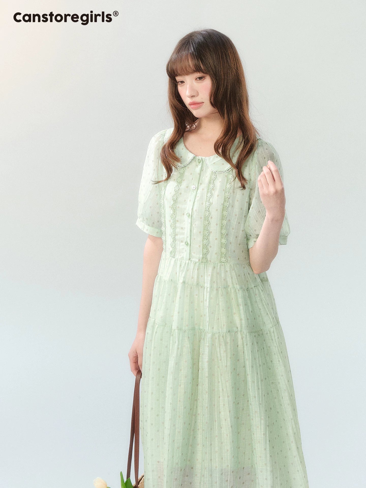 "Hyacinth Ballad" Sage Green Polka Dot Tiered Dress LL2026210