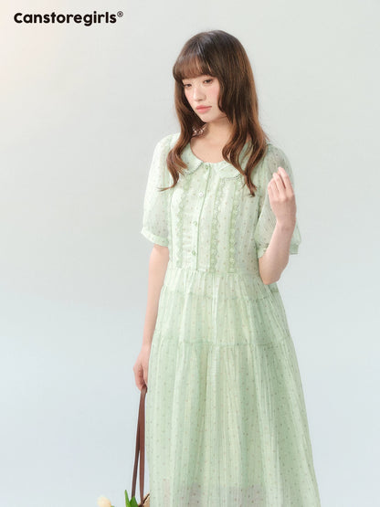 "Hyacinth Ballad" Sage Green Polka Dot Tiered Dress LL2026210