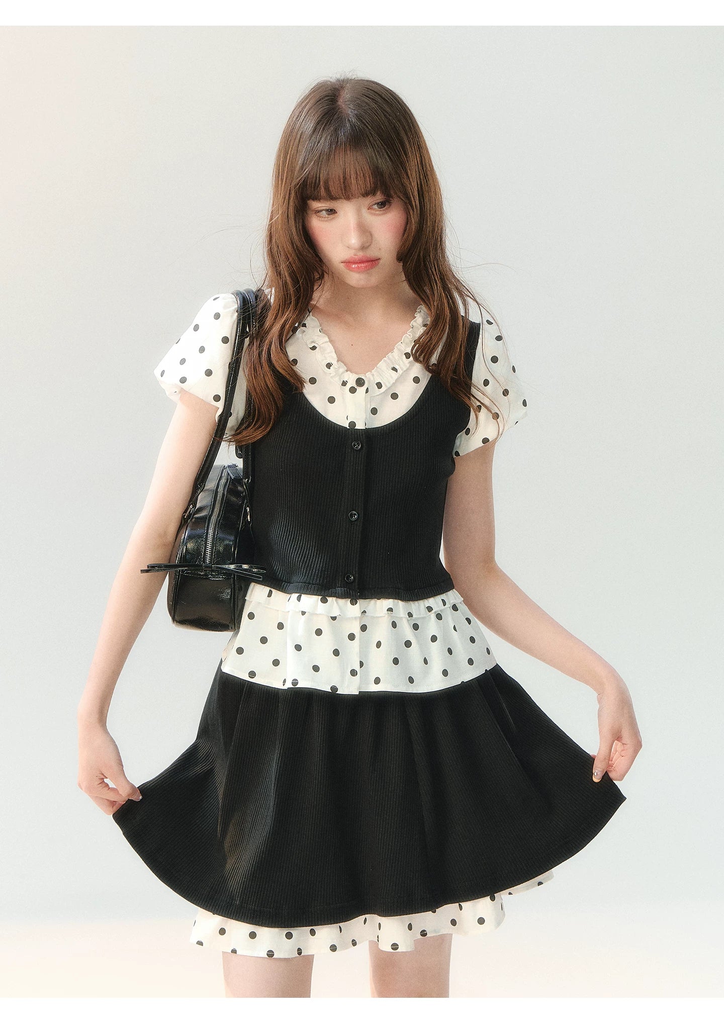 "Black Tea & Cream" Polka Dot Two-Piece Skirt Set SH2026202