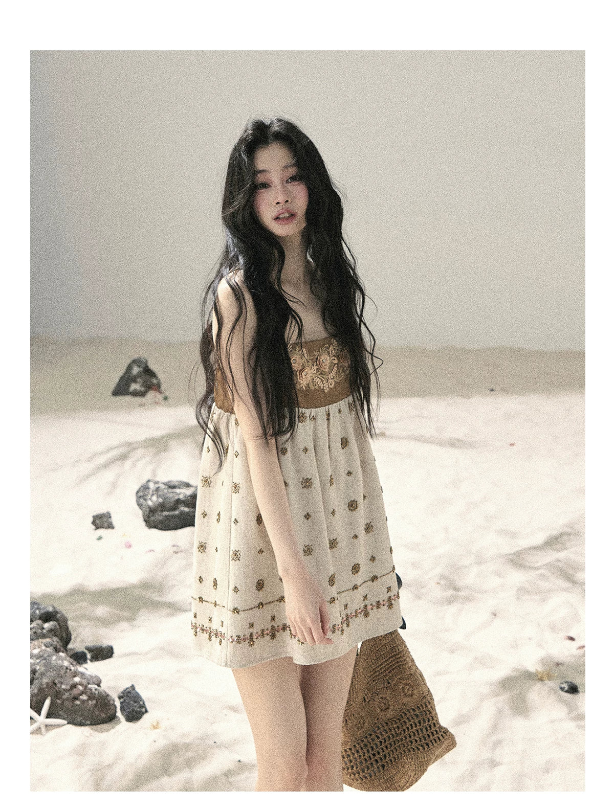 "Whispers Through the Wheat Fields" Oat Beige Floral Cami Babydoll Mini Dress