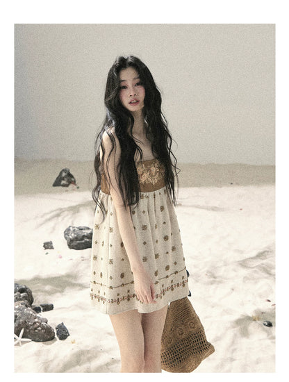 "Whispers Through the Wheat Fields" Oat Beige Floral Cami Babydoll Mini Dress