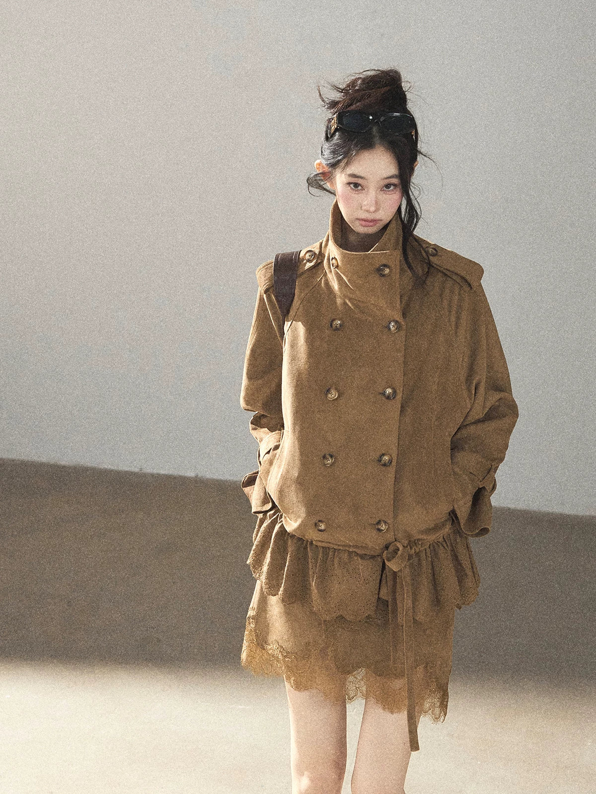 AOMALM - Sandstone Brown Faux-Suede Jacket & Lace-Trim Mini Skirt Set