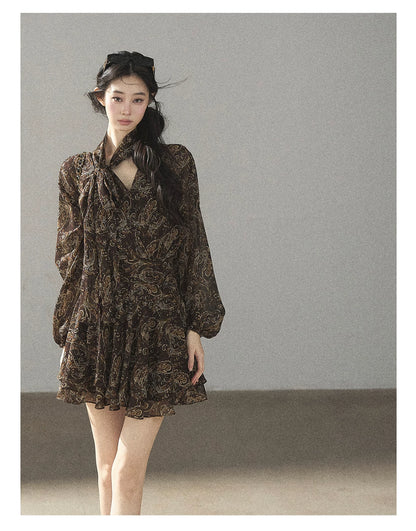 "Wait for a Tree of Blossoms" Cocoa Brown French Long-Sleeve Chiffon Dress (+ Camisole)
