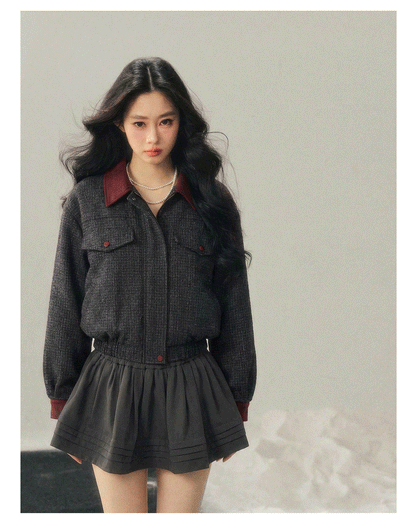 少也眼 "Falling Wutong Leaves" Hepburn Wool Tweed Two-Piece Set - Gray