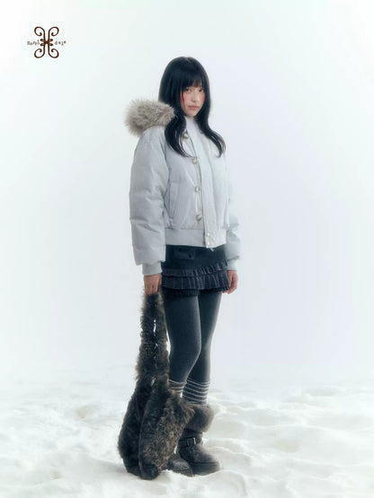 Horridale - Mist Blue Hooded Down Jacket with Detachable Faux Fur Collar