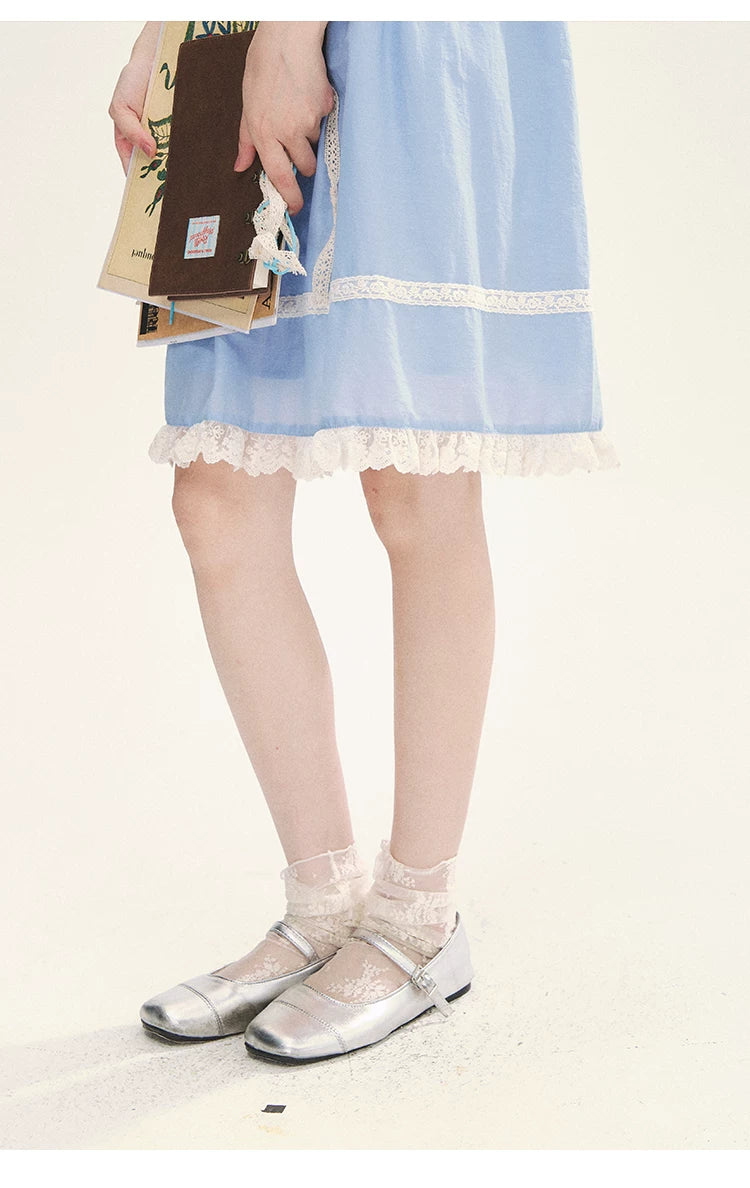 "Sweet Tea Doll" Haze Blue Lace Puff Sleeve Peter Pan Collar A-Line Dress
