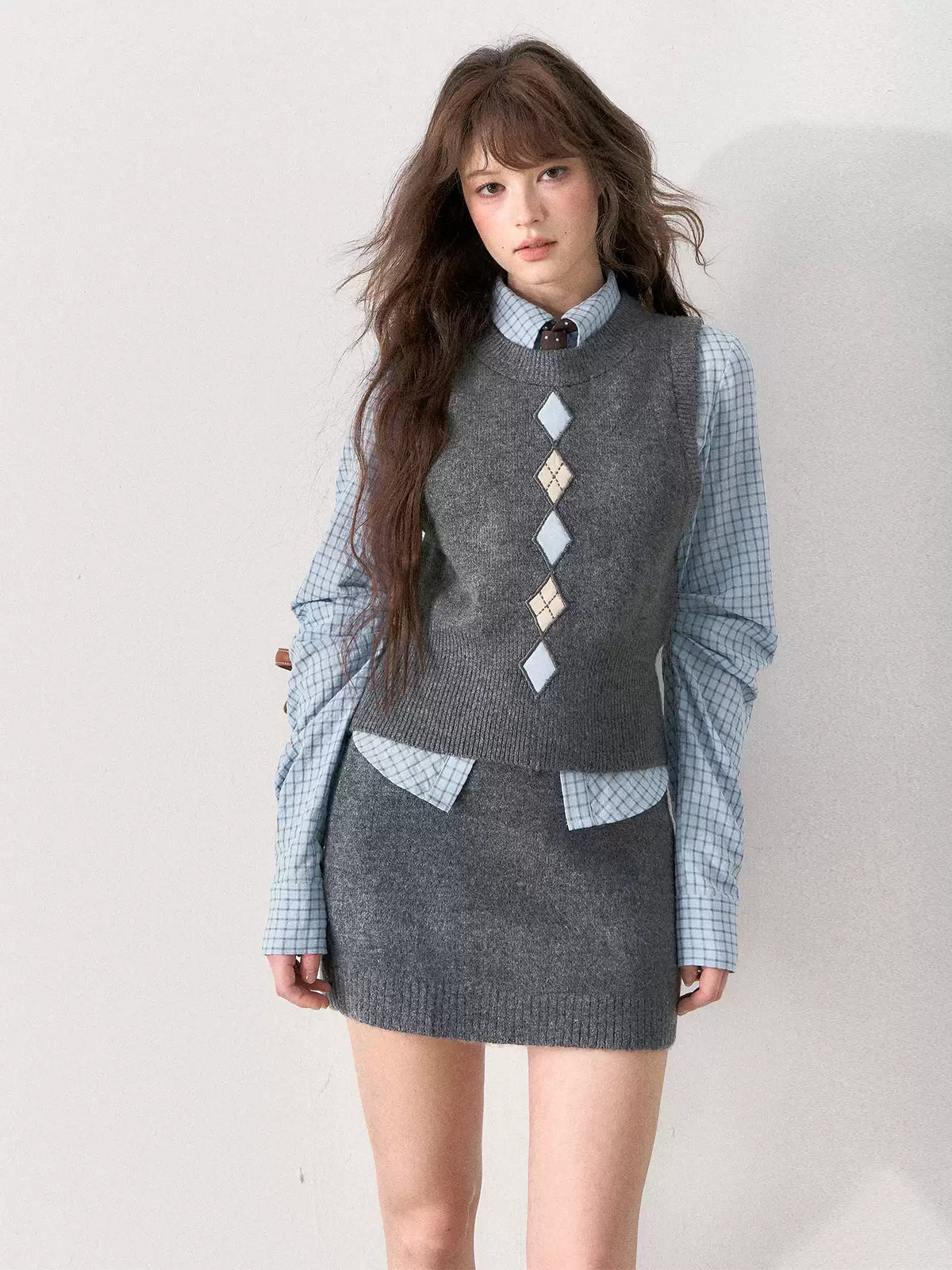 [TMMG] British Collegiate Gray Diamond Knit 3-Piece Set