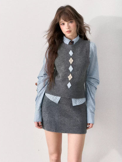 [TMMG] British Collegiate Gray Diamond Knit 3-Piece Set