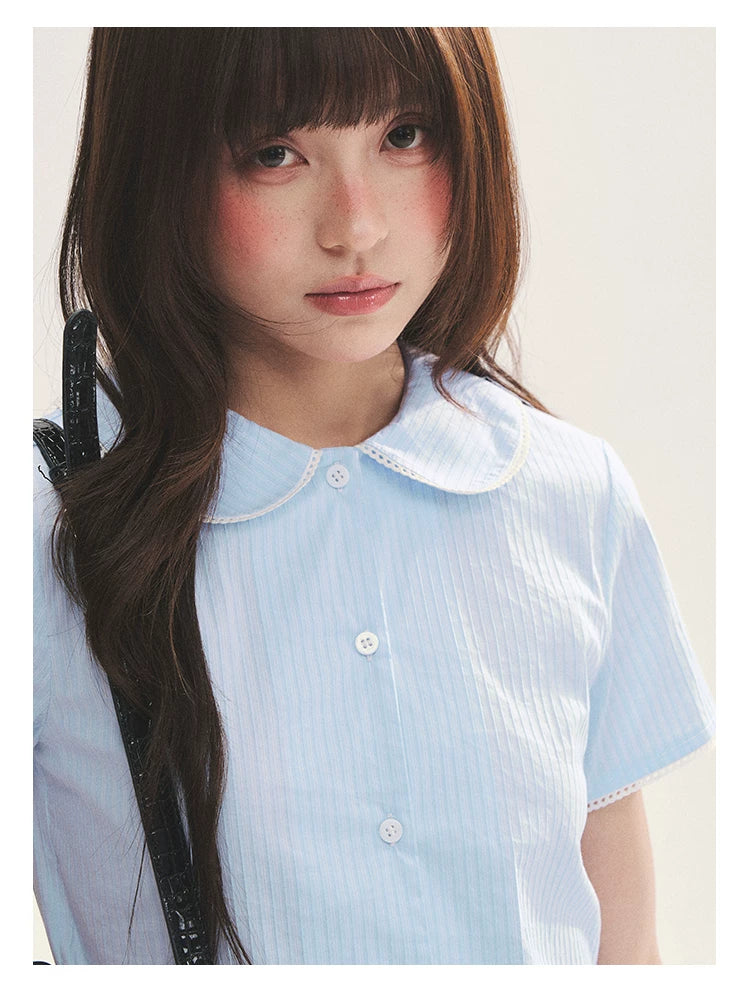 "Citrus Sea Salt" Stripe Lace Peter Pan Collar Pleated Shirt (White Blue / Blue White)