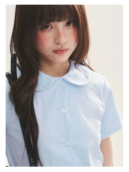 "Citrus Sea Salt" Stripe Lace Peter Pan Collar Pleated Shirt (White Blue / Blue White)