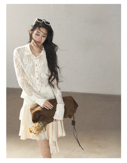 AOMALM - "Vine Texture" Dutch Cream French Lace Polo Collar Cutout Cropped Top