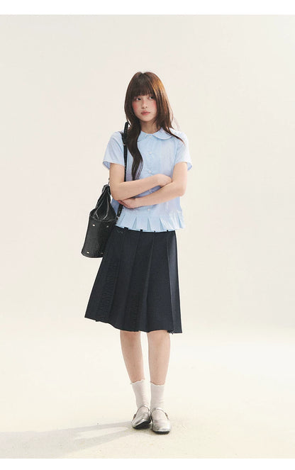 "Citrus Sea Salt" Stripe Lace Peter Pan Collar Pleated Shirt (White Blue / Blue White)