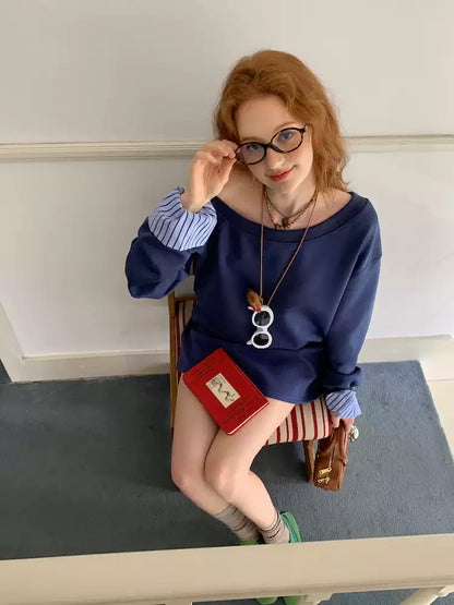 Navy One-Shoulder Sweatshirt & Skirt Set