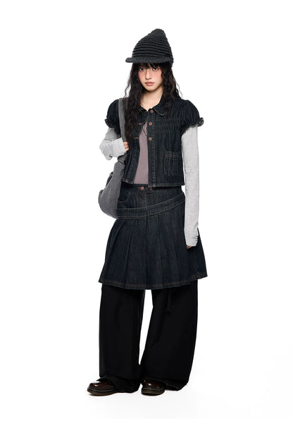 Vintage Peter Pan Collar Puff Sleeve Denim Set