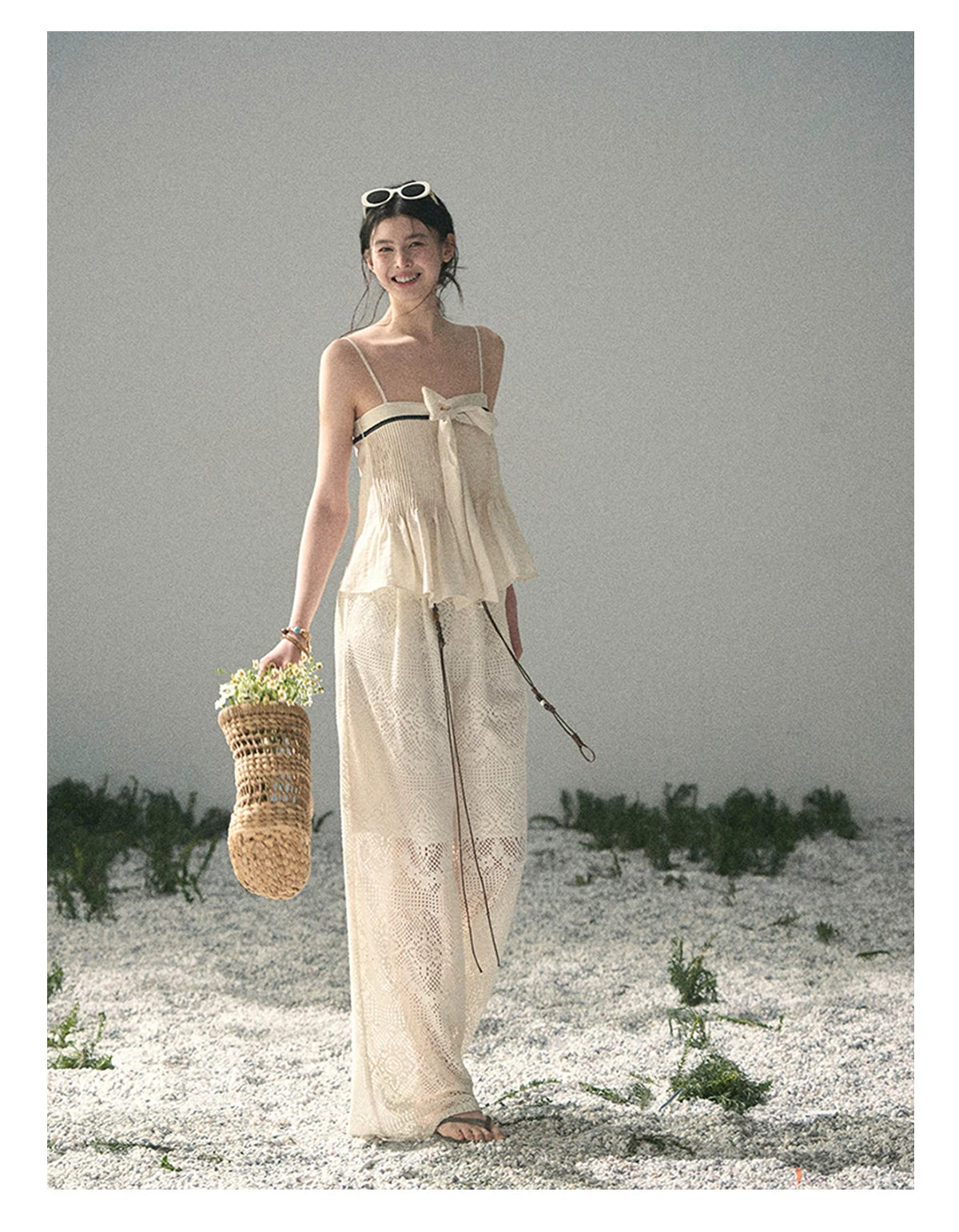 “Breeze Over Pleats” Cream Ribbon Camisole Top