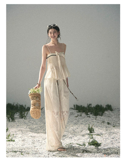 “Breeze Over Pleats” Cream Ribbon Camisole Top