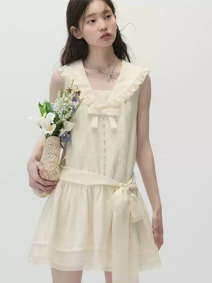 Ivory Beige Low-Rise Sailor Collar Dress with Adjustable Bow Ties