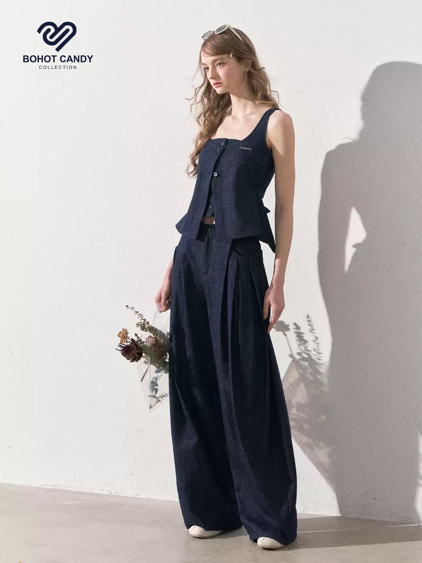 "Season of Ease" Vintage Navy Faux Denim Vest & Wide-Leg Pants Set