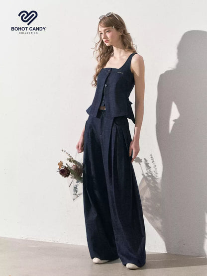 "Season of Ease" Vintage Navy Faux Denim Vest & Wide-Leg Pants Set
