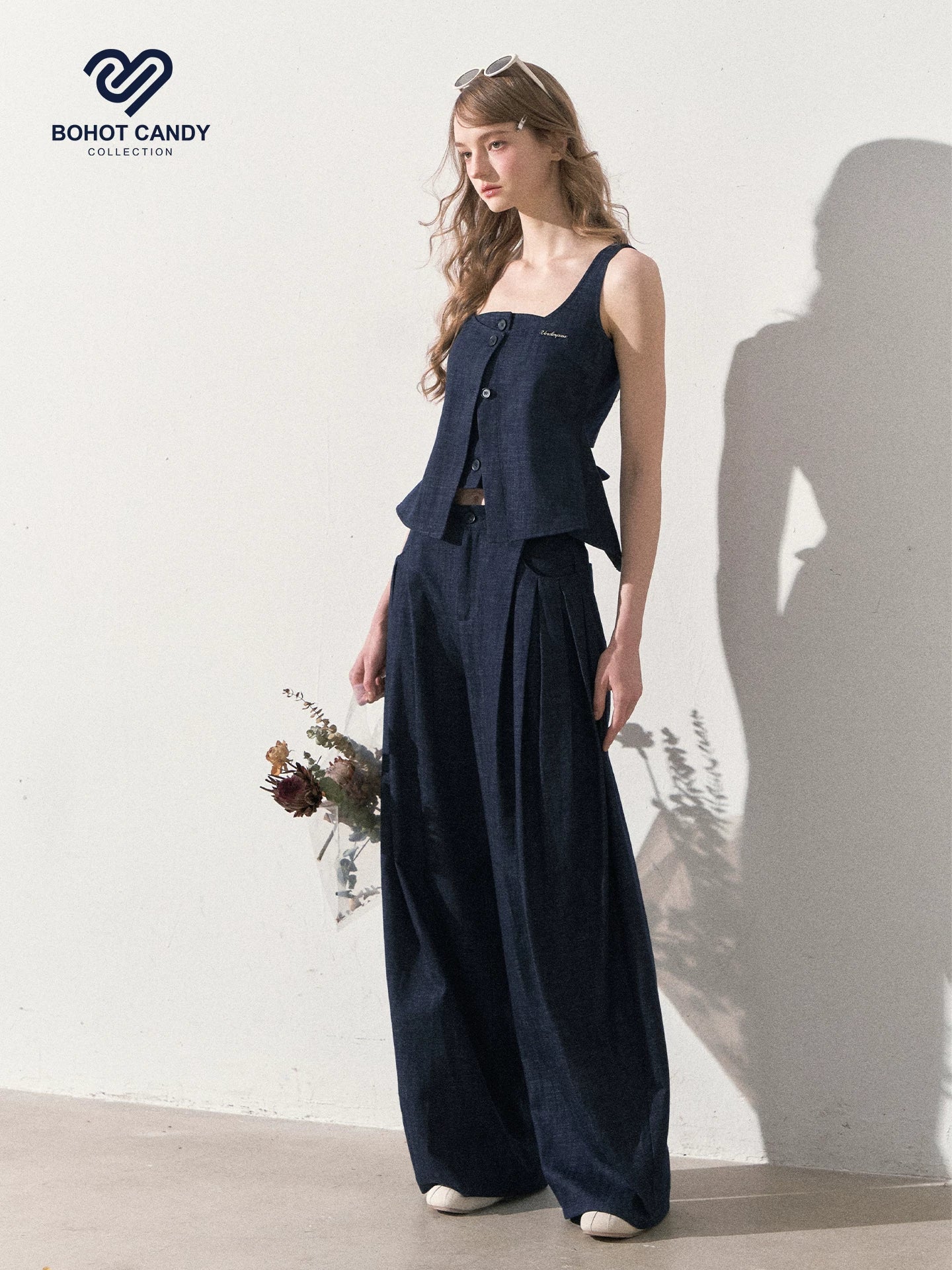 "Season of Ease" Vintage Navy Faux Denim Vest & Wide-Leg Pants Set
