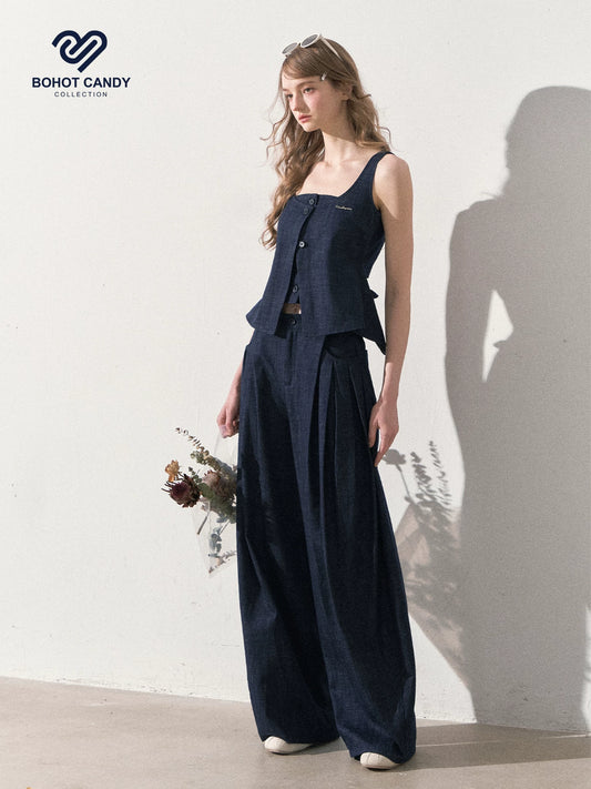 "Season of Ease" Vintage Navy Faux Denim Vest & Wide-Leg Pants Set