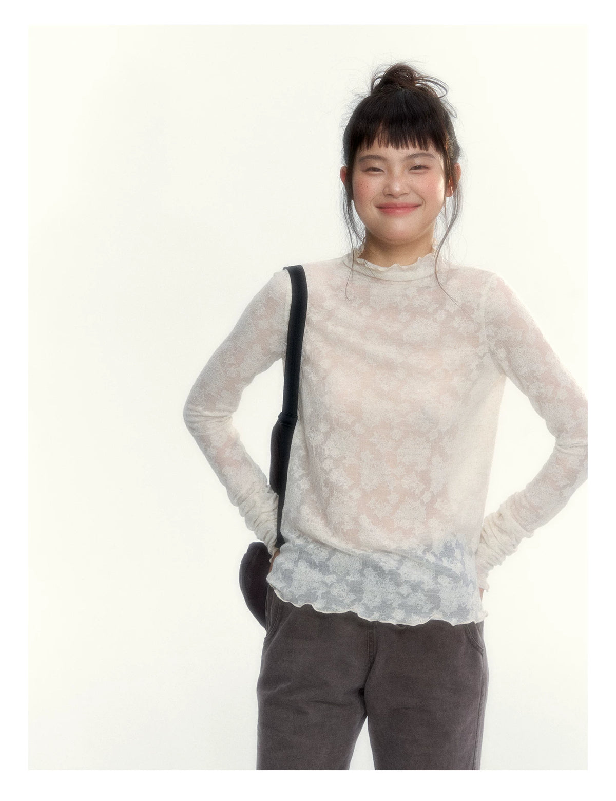 “Everyday Mist” Jacquard Lace Layering Top ( Ivory / Fog Gray )