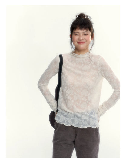 “Everyday Mist” Jacquard Lace Layering Top ( Ivory / Fog Gray )