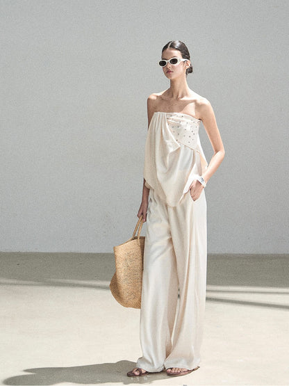 "Summer Rain at Dusk" Cream Beige Satin Two-Piece Set