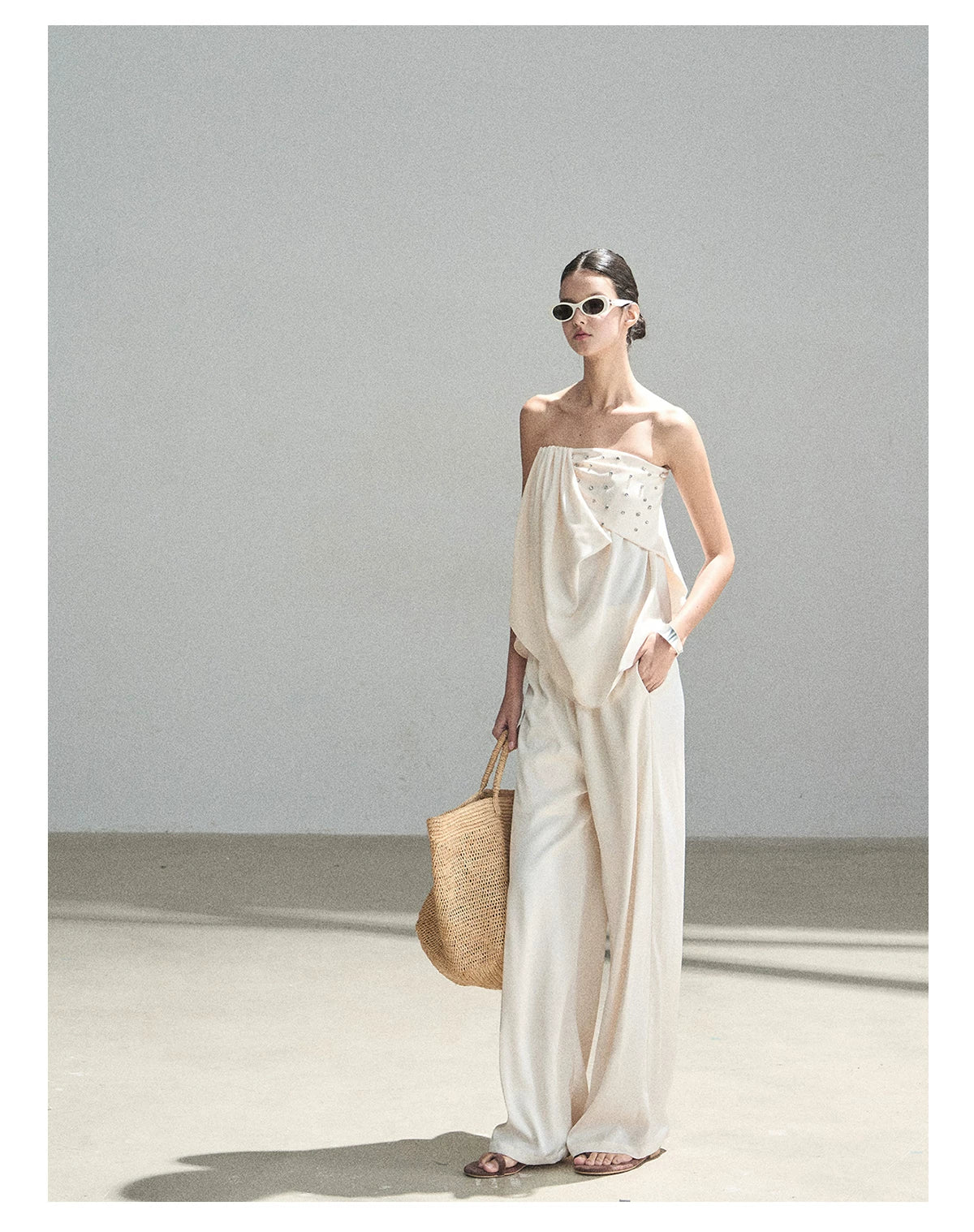 "Summer Rain at Dusk" Cream Beige Satin Two-Piece Set