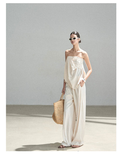 "Summer Rain at Dusk" Cream Beige Satin Two-Piece Set