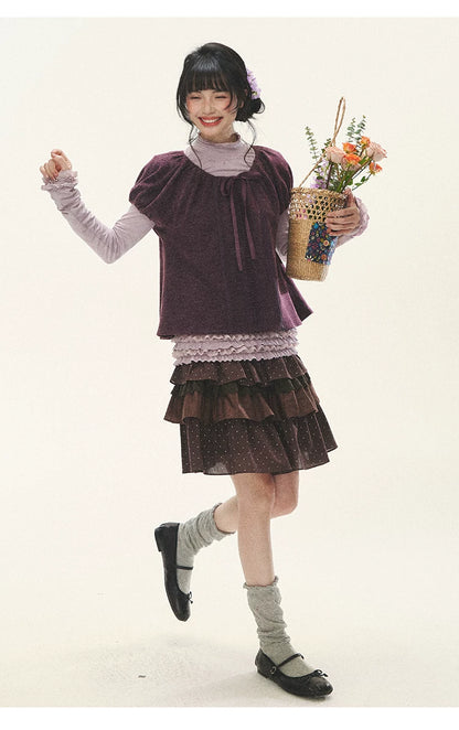 "Violet Journal" Grape Purple Bow Lace Short Sleeve Knit Top