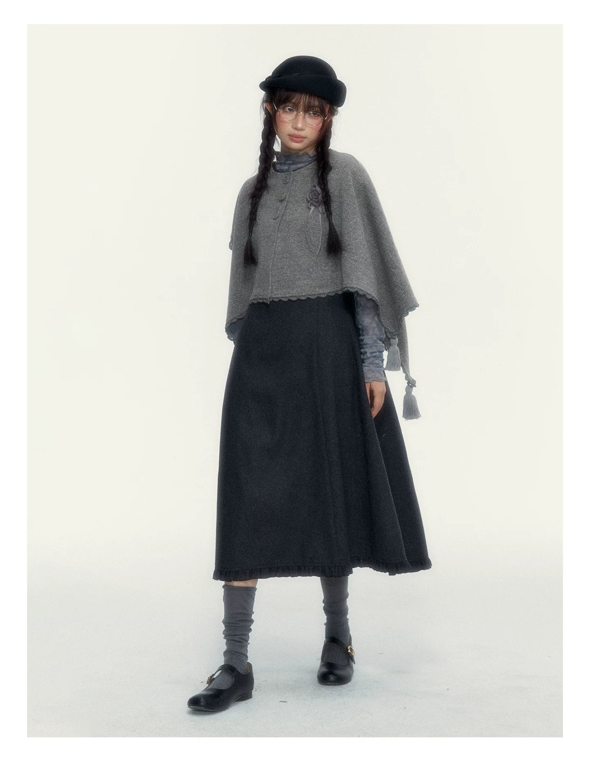 Vintage Double-Breasted Wool Dress & Knit Fringe Cape Set