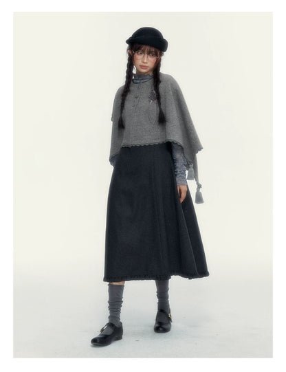 Vintage Double-Breasted Wool Dress & Knit Fringe Cape Set