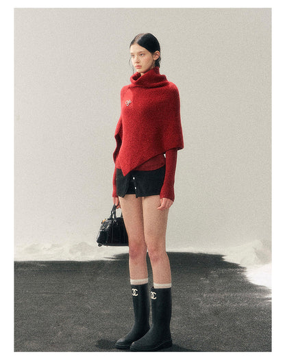181225 "Late Autumn Ginkgo" Burgundy High-Neck Knit Cape Set