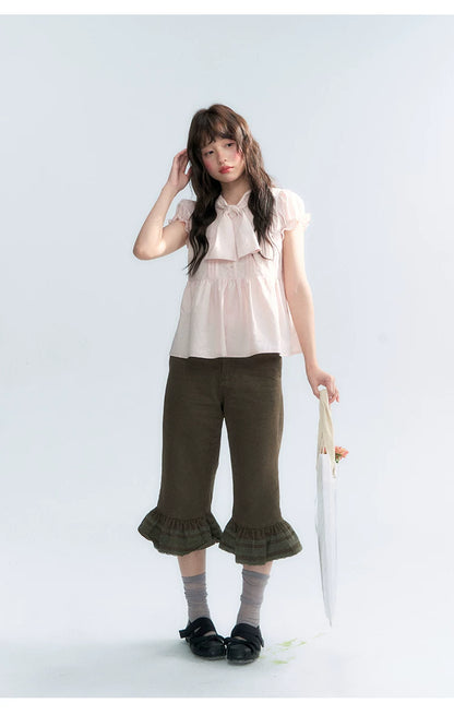 "Rosy Whisper" Dusty Pink Bow Embroidered Puff Sleeve Blouse
