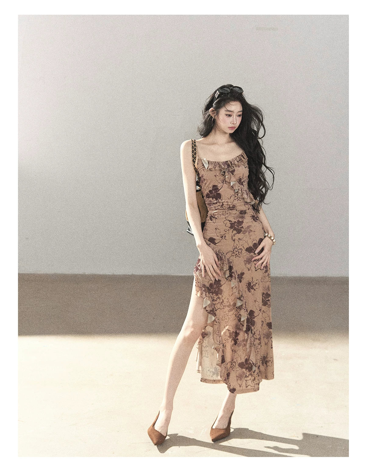 AOMALM - "Wildflower Date" Milk Tea Brown Ruffle Floral Maxi Dress (With Matching Hair Tie)