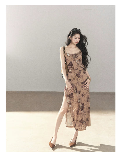 AOMALM - "Wildflower Date" Milk Tea Brown Ruffle Floral Maxi Dress (With Matching Hair Tie)