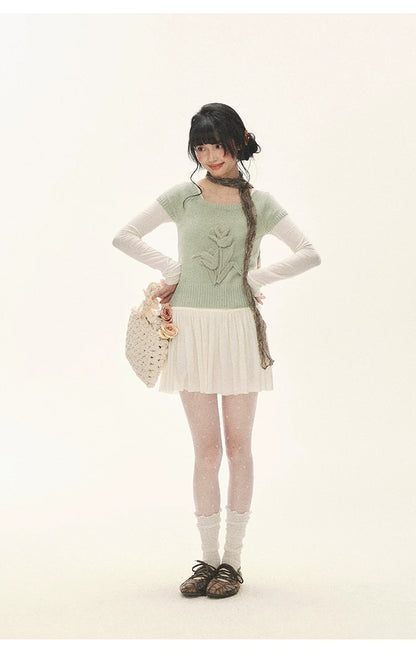 "Spring Memoir" TENCEL™ Wool Pleated Knit Midi Dress (Oat Gray/ Butter Cream)