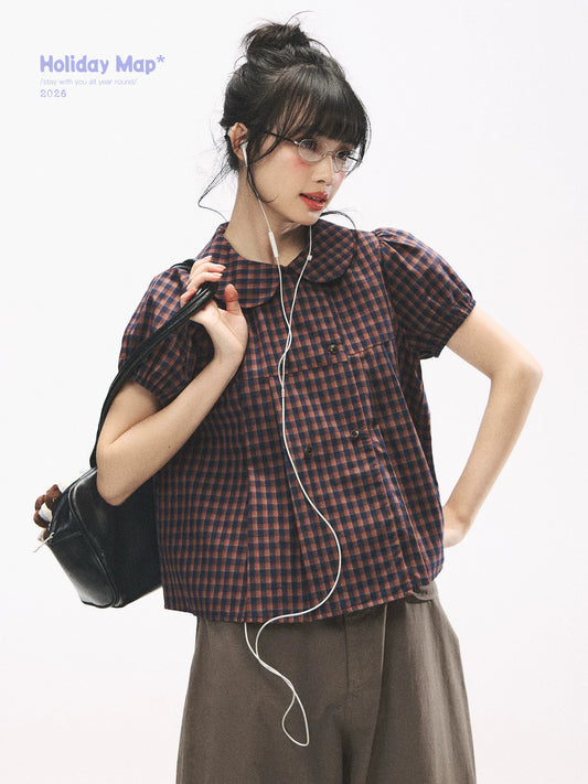 "Retro Plaid Sweetheart" Navy Orange Check Cotton Peter Pan Collar Blouse