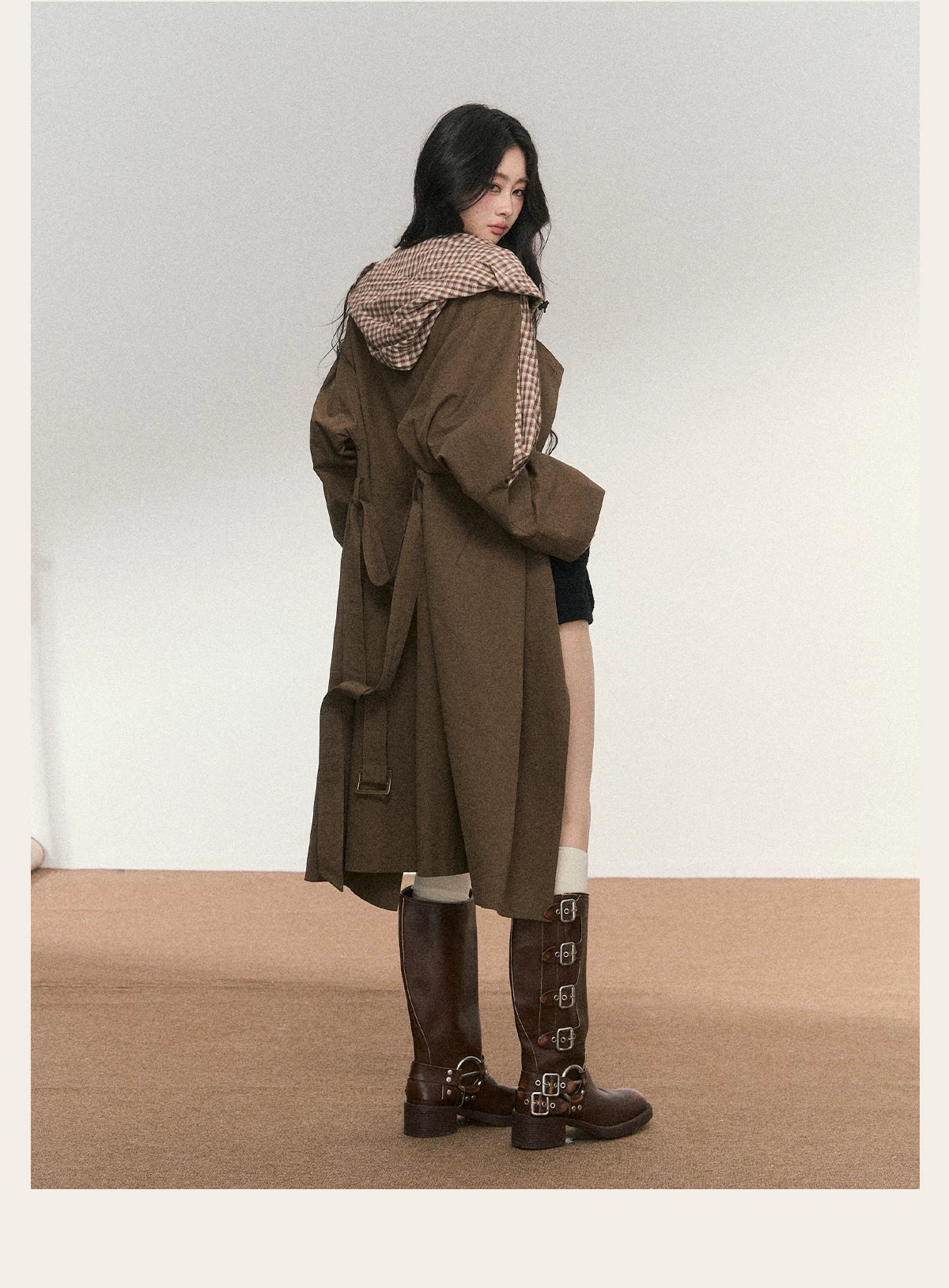 JN's DESIGN - Vintage Plaid Panel Hooded Trench Coat