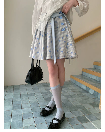 “Bluebell Letter” Light Blue Plaid Blazer Top & Ribbon Skirt