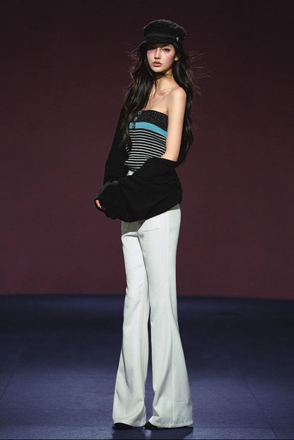 Ivory Contrast Belt Shimmer Knit Flared Pants