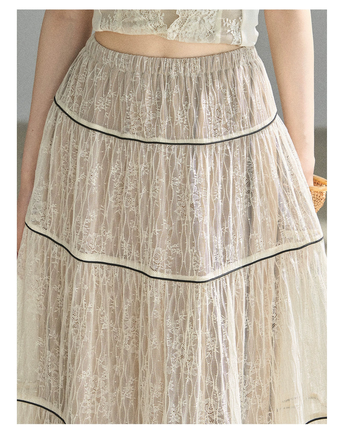 "Mist Through the Woods" Creamy Apricot White Lace Maxi A-Line Skirt
