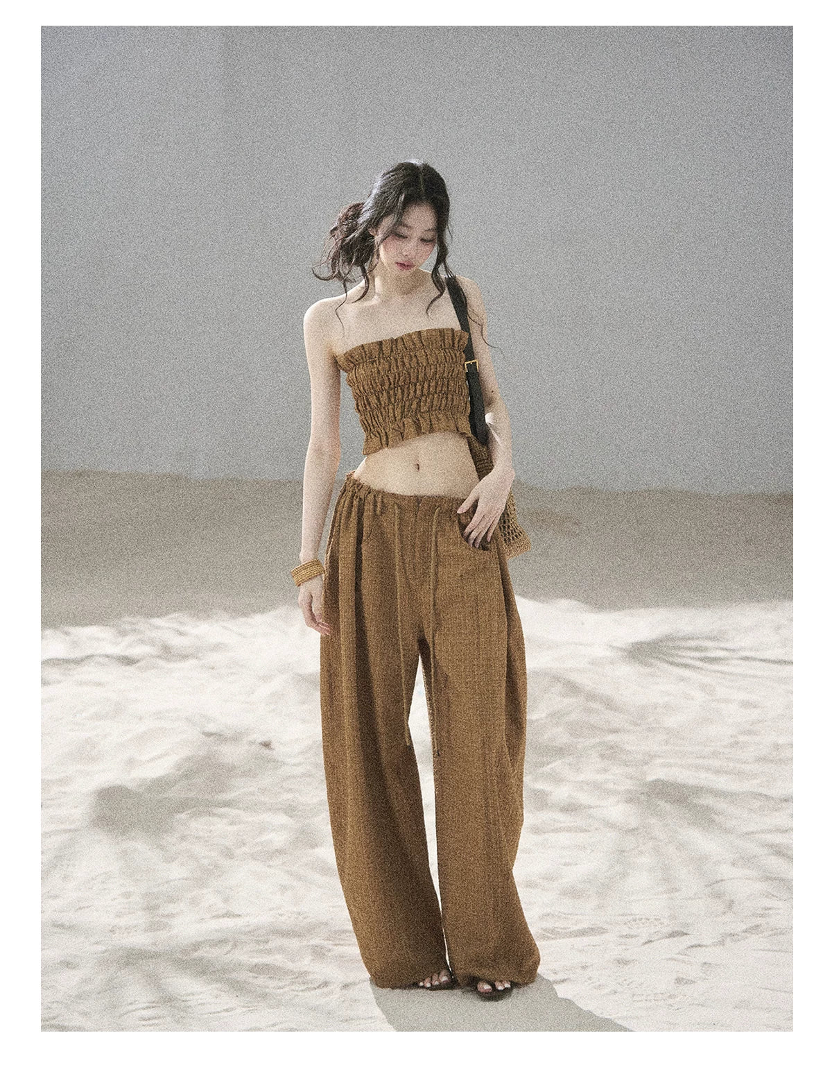 "Caramel Dusk" Ash Caramel Shirred Bandeau Top & Relaxed Pants Set